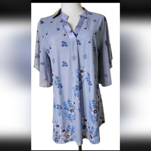 TIME SON Women's 3/4 Sleeve Floral Sz L Double Layers V Neck blouse Beautiful
